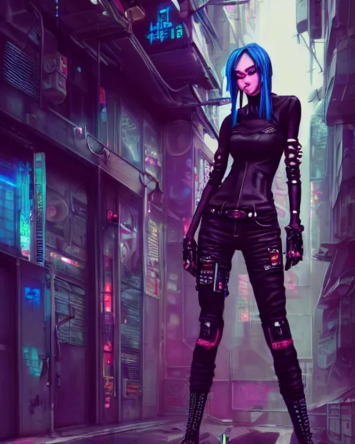 Image similar to concept art of a cyberpunk girl, wearing tight futurstic punkrock clothes, standing in a cyberpunk alley | | cute - fine - fine details by stanley artgerm lau, wlop, rossdraws, james jean, andrei riabovitchev, marc simonetti, and sakimichan, trending on artstation