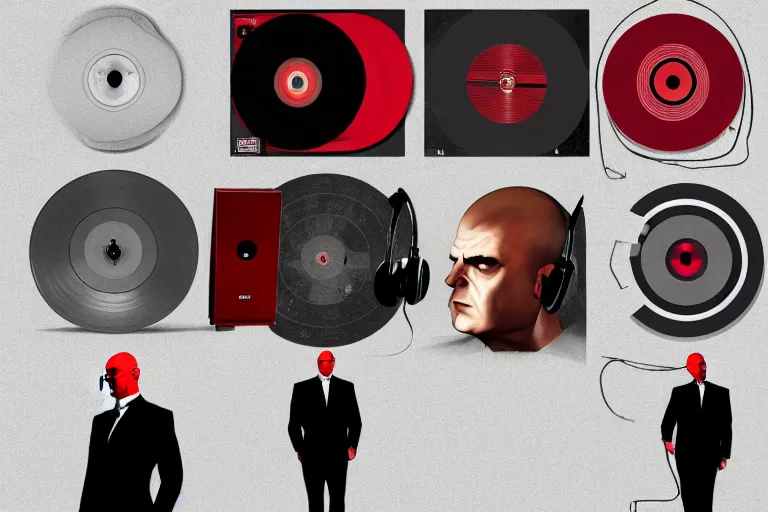 Image similar to an expressive portrait of agent 4 7 from hitman wearing headphones standing in front of a wall of vinyl records, speakers and cables, dark background, red rim light, digital art, artstation, concept art by giger stalenhag