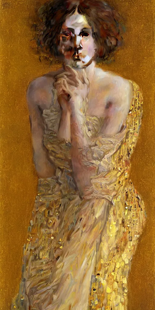 Image similar to an intricate portrait painting of an artistic pose young beautiful elegant angel, klimt golden motives and textures, hyper - detailed, octane render, vivid colors, artstation, by jeremy mann, by gustav klimt