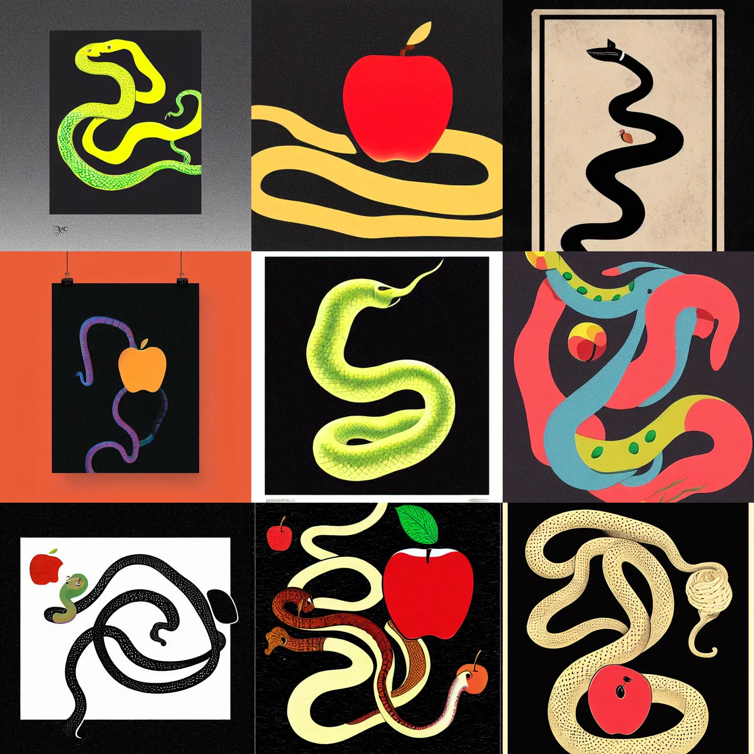 Prompt: a picture of an apple and a snake on a black background, an album cover by Sophie Taeuber-Arp, featured on dribble, figuration libre, art deco, poster art, concert poster