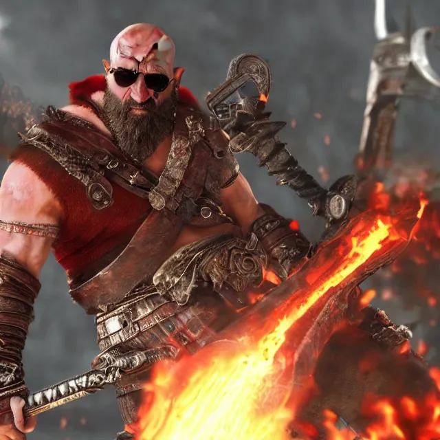 Prompt: sunglasses wearing kratos rocking out on the guitar of flaming chaos, cinematic render, god of war 2 0 1 8, playstation studios official media, sunglasses, lightning