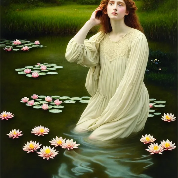 Image similar to Kodak Portra 400, 8K, soft light, volumetric lighting, highly detailed, britt marling style 3/4 ,portrait photo of a beautiful woman how pre-Raphaelites painter, the face emerges from the water of a pond with water lilies, a beautiful lace dress and hair are intricate with highly detailed realistic beautiful flowers , Realistic, Refined, Highly Detailed, natural outdoor soft pastel lighting colors scheme, outdoor fine art photography, Hyper realistic, photo realistic