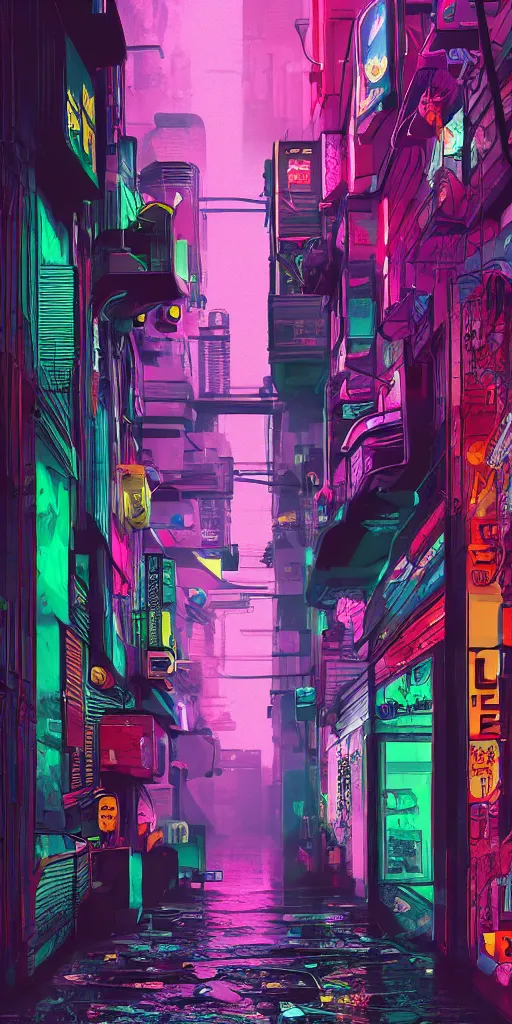 Image similar to cyberpunk alley, pop art, rtx, 8 k, ray tracing, highly detailed, cold colors, rain,