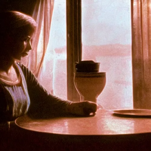 Prompt: 4 k remaster extremely detailed cinematic movie still from soviet movie a soviet woman sitting at a table next to the window with food, dark warm light, a character portrait by margarita terekhova, movie stalker solaris film still by andrei tarkovsky, 8 k, close - up bokeh, gelios lens, color, noir