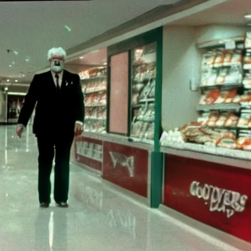 Image similar to A creepy photo of Colonel Sanders chasing you in an empty shopping mall from the 1980s, disposable film
