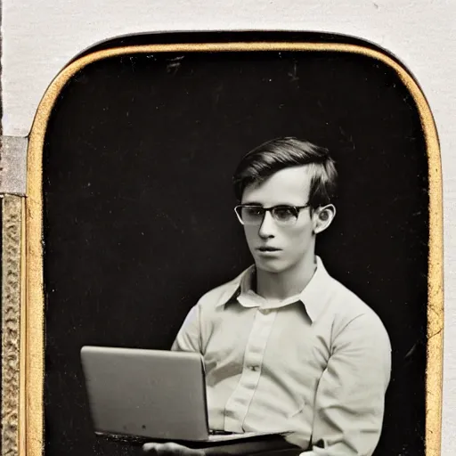 Image similar to Young man in 1910 working on a laptop, daguerreotype photo, HD