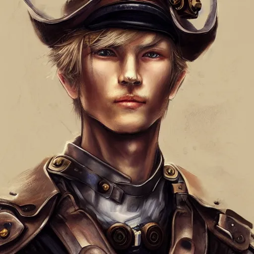 Image similar to portrait of a man by ayami kojima, norwegian, he is about 2 0 years old, blond short hair, tall and strong, older brother vibes, he is wearing a steampunk tactical gear, highly detailed portrait, digital painting, artstation, concept art, smooth, sharp foccus ilustration, artstation hq