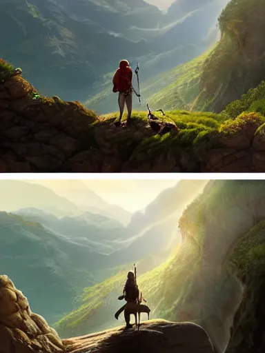 Image similar to an adventurer in the begining of a journey with his dog. near a precipice the sun and mountains on the background intricate, elegant, highly detailed, digital painting, artstation, concept art, sharp focus, illustration, by justin gerard and artgerm, 8 k