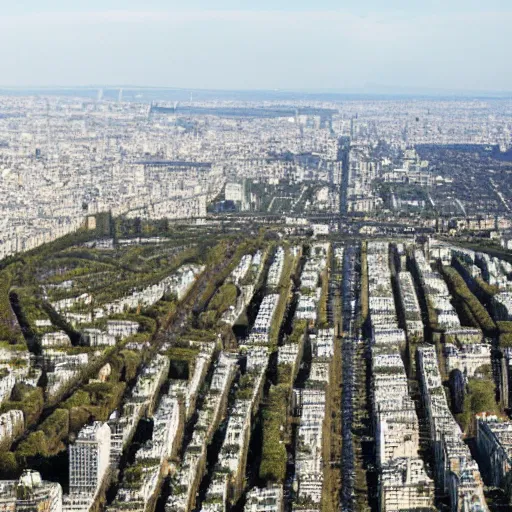 Image similar to an aerial shot of a post - apocalyptical paris overtaken by vegetation