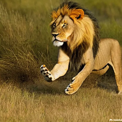 Image similar to lion hunting national geographic animal photography, action shot, 4 k, award winning, photo of the year