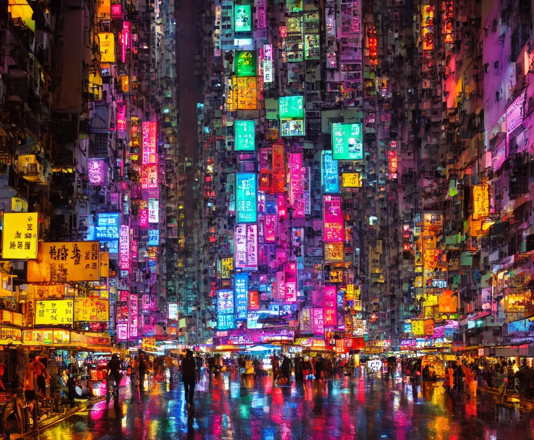 Prompt: neo hong kong, rainy atmosphere, night time, bright lights, colorful signs, busy streets, high res, kowloon