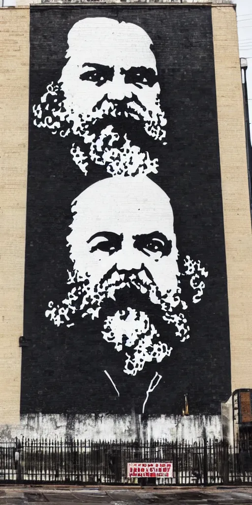 Prompt: graffiti portrait of karl marx, street art by shepard fairey and banksy