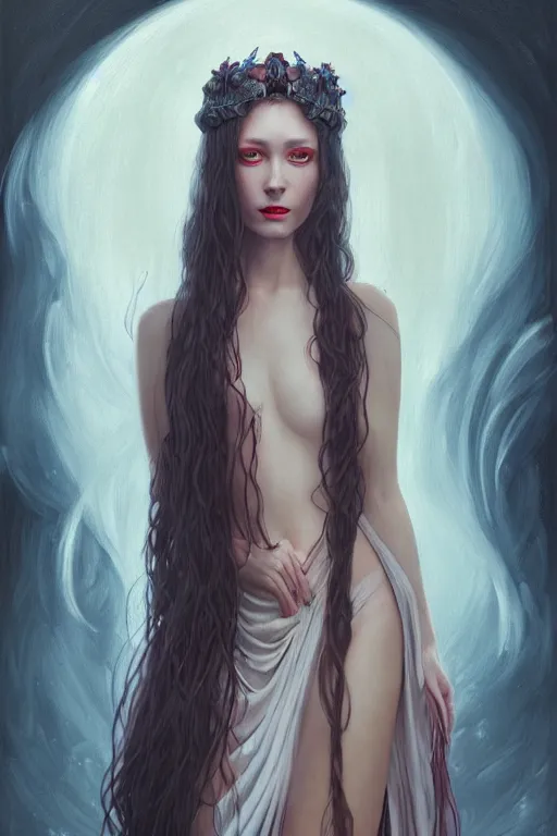 Prompt: portrait of a young female wizard in flowing sensual dress, long flowing hair, delicate, looking at camera, slightly smiling, realistic face, stylish, elegant, grimdark fantasy, extremely detailed painting inspired by Gerald Brom and Simon Stalenhag, studio lighting