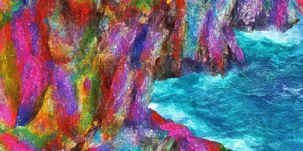 Image similar to glittering multicolored crystal cliffs, viewed from the ocean, high quality digital art,