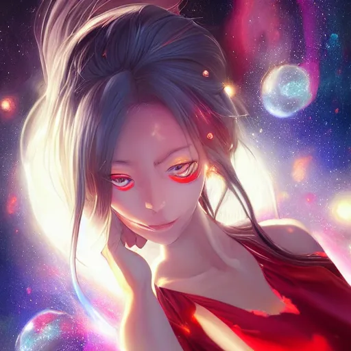 Image similar to A realistic anime painting of a beautiful cosmic woman with glowing red eyes and cosmic skin wearing clothes made of universes, digital painting, by Stanley Artgerm Lau, Sakimichan, WLOP, Makoto Shinkai, Rossdraws, Pixivs, digital painting, trending on Pixiv, SFW version —H 1024