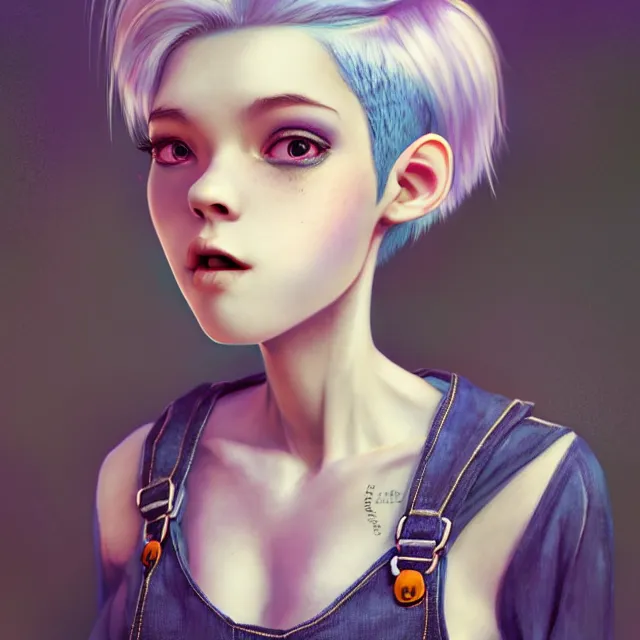 Prompt: full body pose, beautiful adult fairy, pixar, short white hair shaved sides, dirty, grungy, grunge, long sleeve, painted overalls, stacks of giant books, by sakimichan, highly detailed, 4 k, hdr, smooth, sharp focus, high resolution, award - winning photo, artgerm, photorealistic