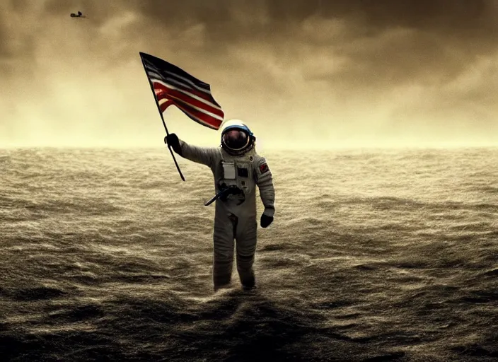 Image similar to astronaut underwater holding a flag in the sand of the bottom of the ocean. there is a submarine in the distance. dark, concept art, cinematic, dramatic, atmospheric, 8 k, trending on artstation, low visibility, fog, zack snyder