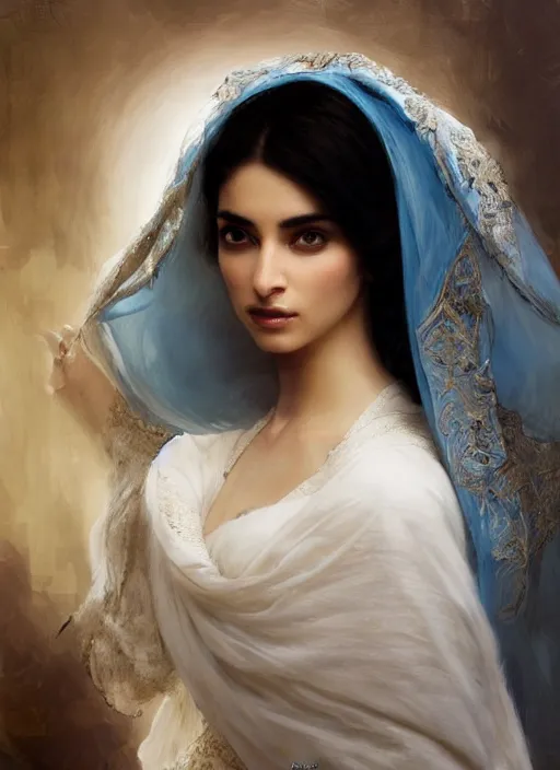 Image similar to Ameera al-Taweel, crystal blue eyes, wavy black hair, tanned skin, white veil, intricate, elegant, highly detailed, artstation, concept art, sharp focus, ruan jia, jurgens, orientalism, bouguereau