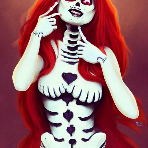 Prompt: cute & beautiful smug smiling undead skeleton girl with very attractive face and red hair dressed as a cheeleader, elegant, digital art, fullbody painting, fantasy, pixar style, painting, pin up, highly detailed, artstation, art by artgerm, vrubel, greg rutkowski, ilya kuvshinov, raymond swanland