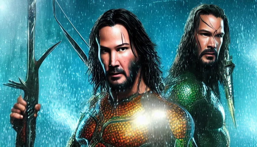 Prompt: Keanu Reeves is Aquaman, hyperdetailed, artstation, cgsociety, 8k