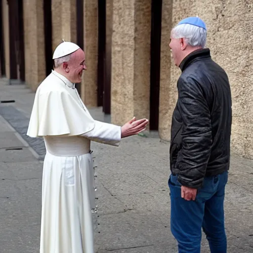 Prompt: The pope pointing and laughing at a homeless person, realistic, city streets