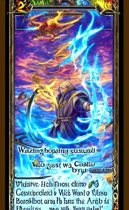 Prompt: Wizard casting a water type spell, trading card front, shadowverse style, vibrant colors