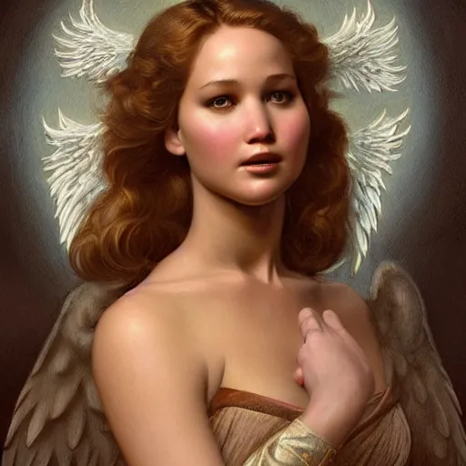 Image similar to Jennifer Lawrence as angel, medieval art, medium shot, intricate, elegant, highly detailed, digital painting, volumetric light, artstation, concept art, smooth, sharp focus, illustration, art by Gil Elvgren and Greg Rutkowski and Alphonse Mucha, 8K