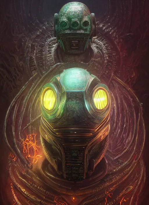 Prompt: dark lovecraft horror machine glowing reptile eyes, daft punk led armor, elegant, highly detailed, centered, digital painting, artstation, concept art, smooth, sharp focus, illustration, artgerm, tomasz alen kopera, peter mohrbacher, donato giancola, joseph christian leyendecker, wlop, frank frazetta