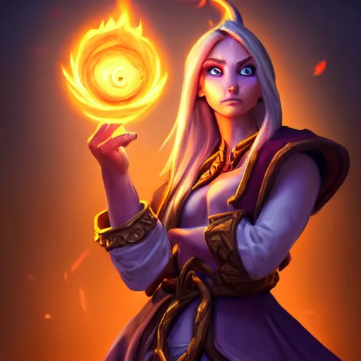 Prompt: Hearthstone official professional art, with eyes hidden. A sorceress, wearing a robe casting a fire ball. Insanely coherent physical body parts (face, arms, legs, hair, eyes, pupil, eye white). Full body realistic, sharp focus, 8k high definition, insanely detailed, intricate, elegant, smooth, sharp focus, illustration, ArtStation