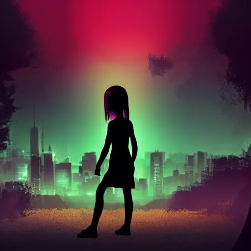 Prompt: digital art cyberpunk landscape silhouette of young girl holding a teddy bear in the foreground