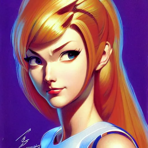 Prompt: head and shoulders portrait of Zero Suit Samus, illustration, medium shot, intricate, elegant, highly detailed, digital art, sharp lines, ffffound, art by Gil Elvgren and Fernanda Suarez and Greg Manchess and Sachin Teng