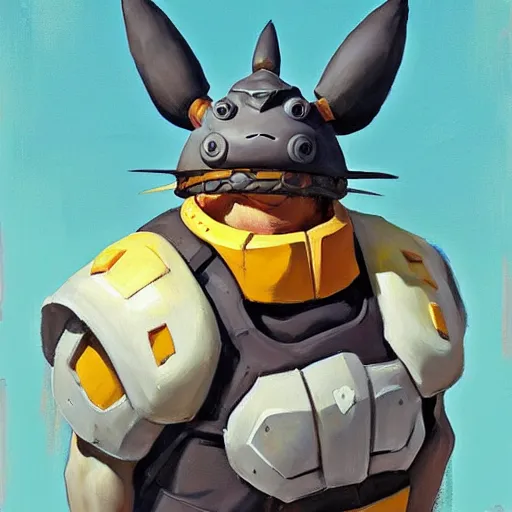 Image similar to greg manchess portrait painting of partially armored totoro as overwatch character, medium shot, asymmetrical, profile picture, organic painting, sunny day, matte painting, bold shapes, hard edges, street art, trending on artstation, by huang guangjian and gil elvgren and sachin teng