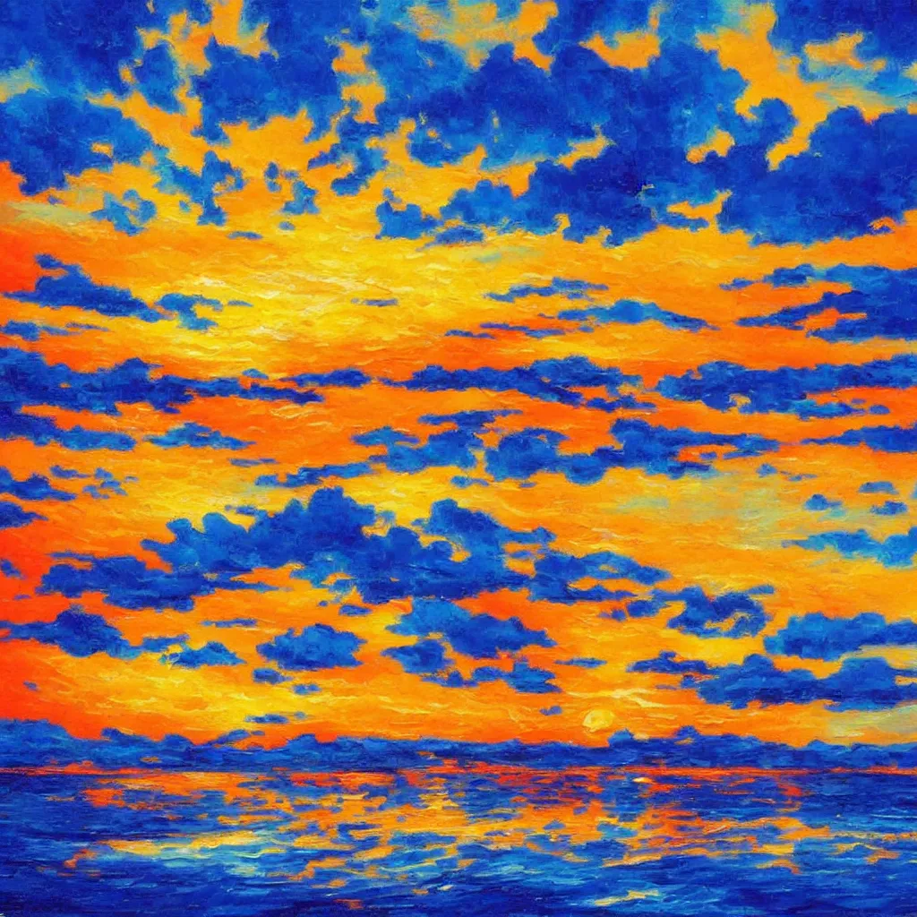 Image similar to an impasto oil painting of a stunning sunset painted by ken hong leung, blue color scheme, golden ratio