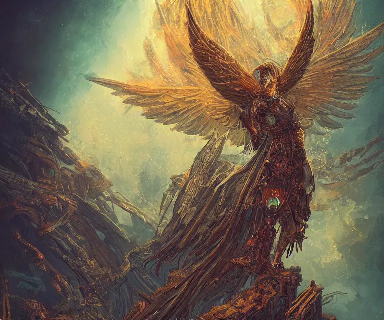 Image similar to a beautiful tarot card artwork of a cyberpunk fallen seraphim, horror, backlit, gloomy sky, highly detailed, digital painting, intricate golden threads, by anato finnstark and greg rutkowski and dan mumford and artgerm, vivid colors, detailed shading, 8 k resolution, intricate, smooth