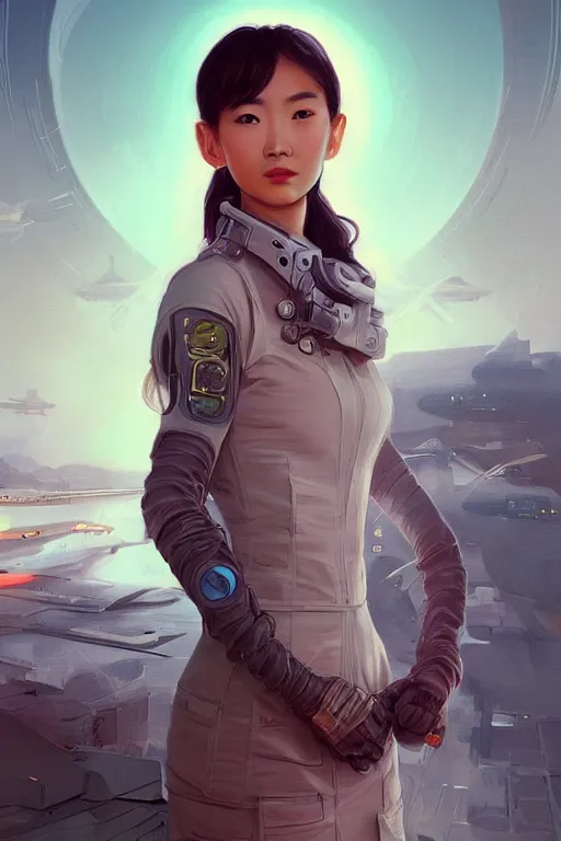 Image similar to portrait futuristic asian airforce girl, looking at the camera, expressive pose, symmetrical face, in future airport rooftop , sci-fi, fantasy, intricate, very very beautiful, elegant, human anatomy, neon light, highly detailed, digital painting, artstation, concept art, smooth, sharp focus, illustration, art by tian zi and WLOP and alphonse mucha