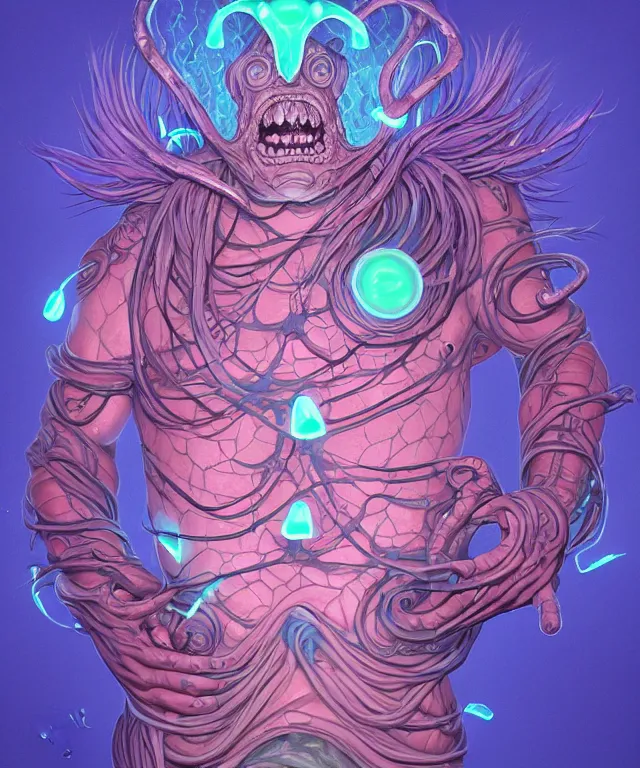 Prompt: a xanathar made of bioluminescence slimy skin, fantasy, elegant, crisp 8 k line art, digital painting, artstation, unreal engine, octane render, emissive lighting, concept art, matte, sharp focus, hyper realistic lighting, illustration, deep royal blue and pink color scheme, art by shintaro kago