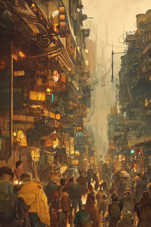 Image similar to crowdy tokyo street, mucha vibe, dieselpunk, solarpunk, artstation, andrei riabovitchev