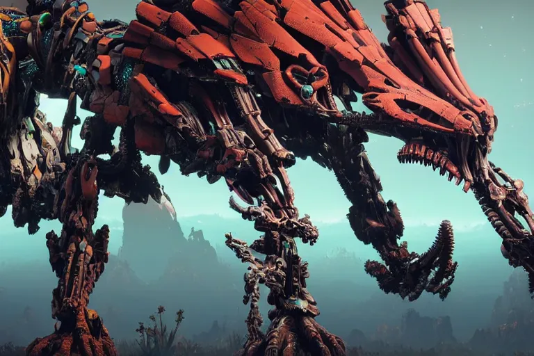 Image similar to wide epic shot. a hyper detailed spikesnout evangelion realistic mechanical and organic creature similar look as horizon forbidden west horizon zero dawn, bioluminiscence in a dark deep forest at dawn in spring, with reflection and textures, by kilian eng, substance painter reaslitic mech surface metal painted scratches, world env from horizon forbidden west horizon zero dawn