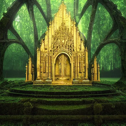 Prompt: a golden cathedral in the middle of a rain forrest, moss, moist, symmetry, octane, soft render, intricate, blender art, the golden ratio, mysticism, cinematic, concept art