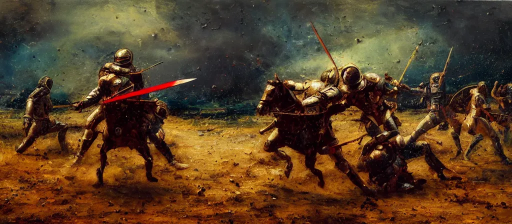 Prompt: battle scene, gladiator - astronaut with knives, segmented armor, luminist style, tonalism, dramatic lighting, action scene, palette knife, frenetic brushwork, chiaroscuro, figurative art, detailed, proportions, spatter, dust, atmospheric, volumetric lighting, red iron oxide, raw sienna, and sage green