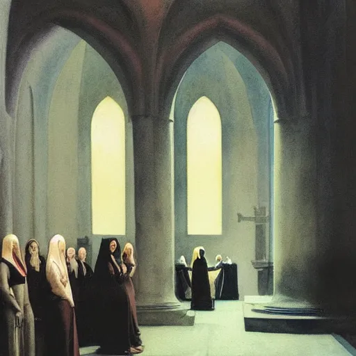 Prompt: procession of women in a gothic temple, dripping watercolor by gottfried helnwein, by hammershøi, highly detailed, art nouveau wallpaper, lights by edward hopper, liminal, eerie, pastel colors, limited palette