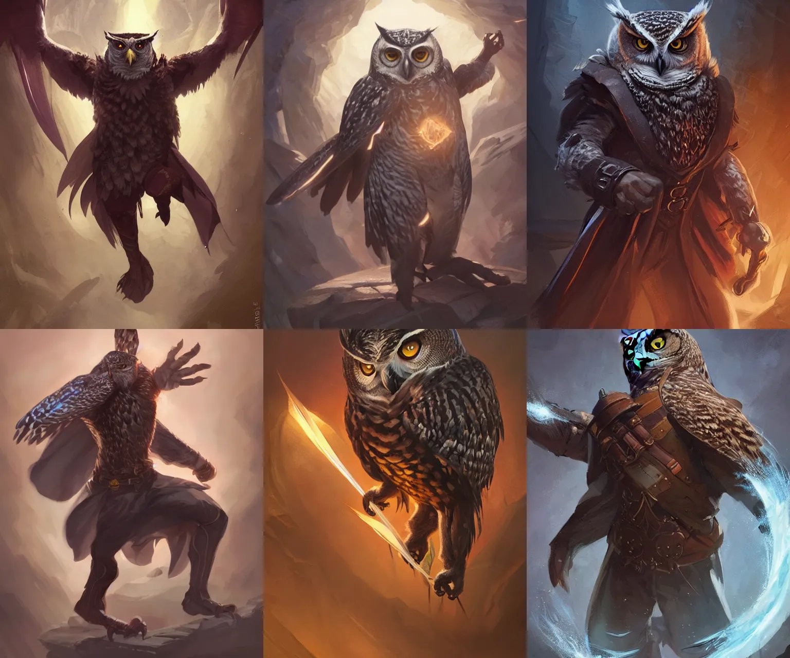 Prompt: Steps 100 a DnD character card of a powerful owl man who is headmaster of a magic school, one of his eyes is scratched, hyperdetailed concept art by Ross Tran and Greg Rutkowski, high quality DnD illustration, trending on ArtStationHQ, 8k