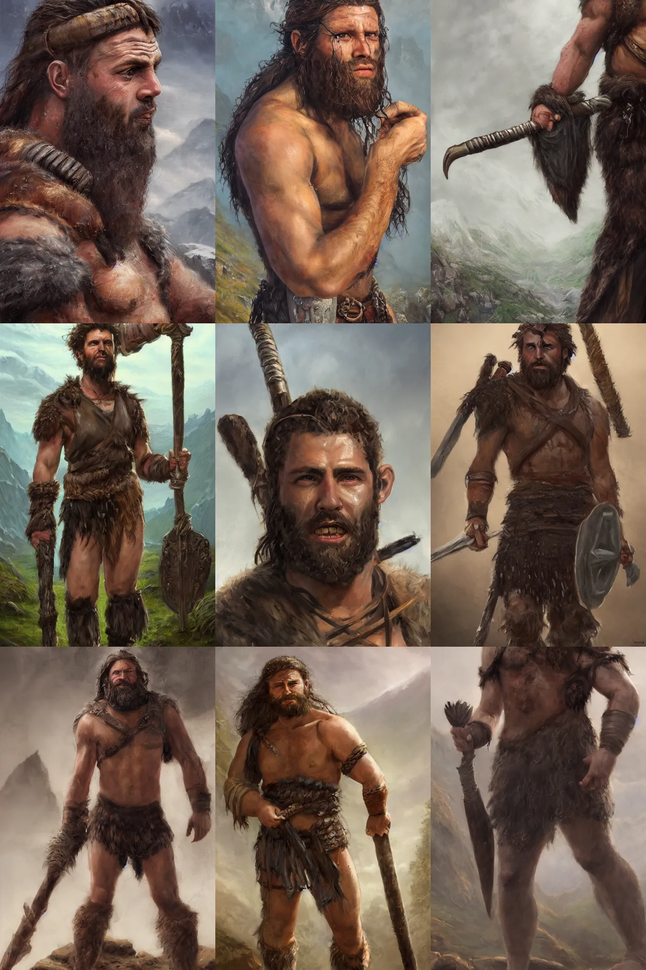 Image similar to a full body high detail fantasy portrait oil painting illustration of a single young rugged stoic barbarian man by Justin Sweet with face and body clearly visible, in a scenic background, pupils visible, realistic proportions, d&d, rpg, forgotten realms, artstation trending, high quality, sombre mood, artstation trending, muted colours, no crop, entire person visible!, natural light, Adobe Photoshop, Adobe Lightroom, photolab, Affinity Photo,