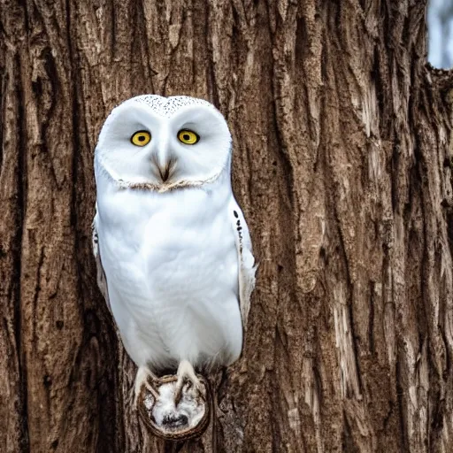 Prompt: High quality photograph of a white owl sitting on a cutted tree trunk UHD 8K