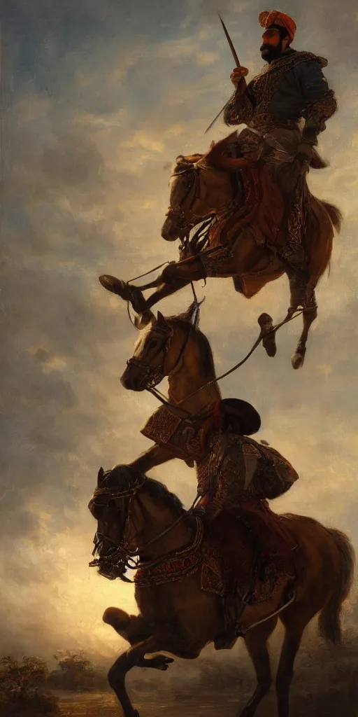 Image similar to Highly detailed and cinematic romantic period oil painting of an Arabian prince riding a rearing horse, beautifully lit and atmospheric, an oil painting masterpiece by Josep Tapiró Baró, RPG portrait, dynamic lighting, 8K