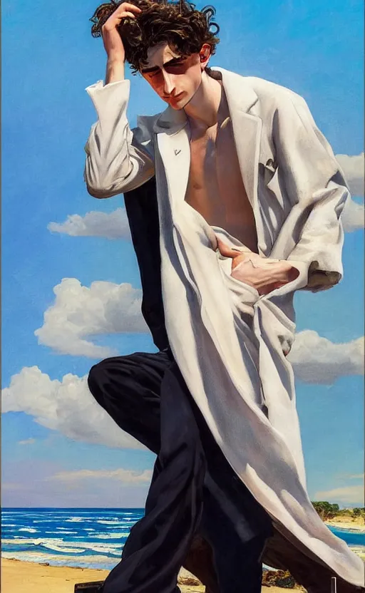 Image similar to Timothee Chalamet, the most beautiful androgynous man in the world, intense painting, sunny day at beach, tropical island, +++ super supper supper dynamic pose,  digital art, +++ quality j.c. leyendecker, limited edition, shiny