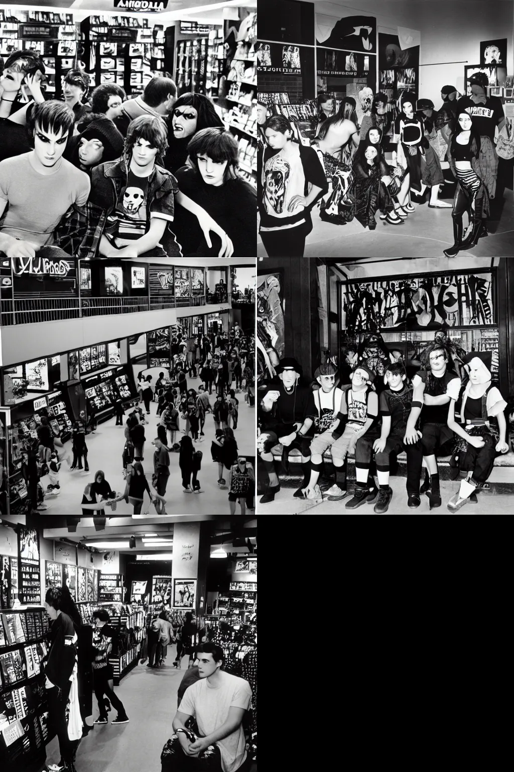 Prompt: an hd photo by ansel adams. a bunch of mallgoths hanging out at a hot topic store in the mall.