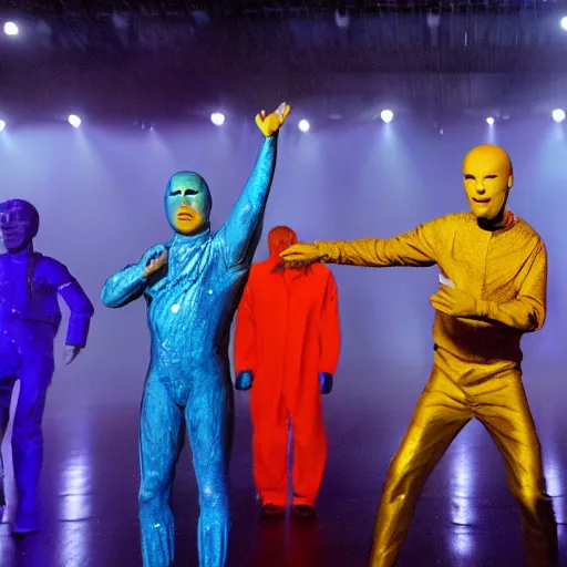 Prompt: the blue man group performing in the year 3 0 0 0, sci fi, epic