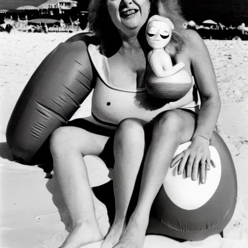 Image similar to 1981 woman on tv show wearing a happy squishy inflatable prosthetic mask, soft color wearing a swimsuit at the beach 1981 color film 16mm holding a an inflatable fish Fellini John Waters Russ Meyer Doris Wishman old photo