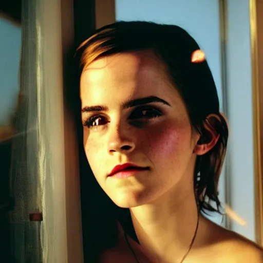 Prompt: Photograph of Emma Watson holding a cigarette by the window. Golden hour, dramatic lighting. Medium shot. CineStill